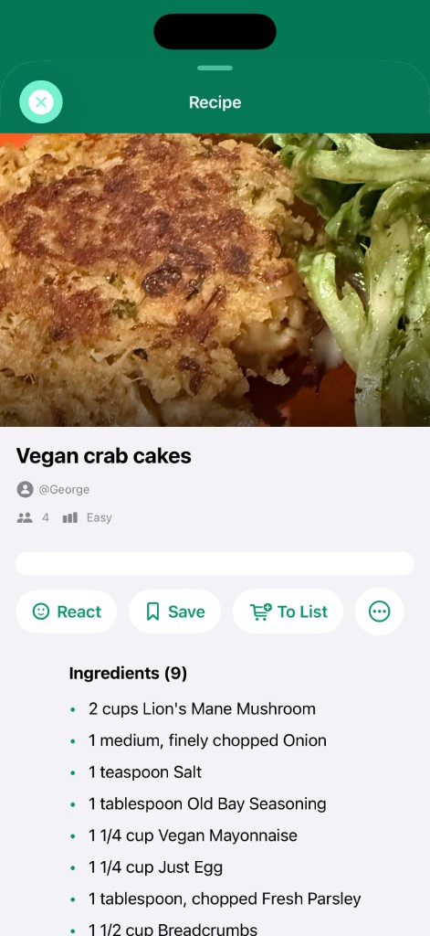Recipe detail view with ingredients and steps